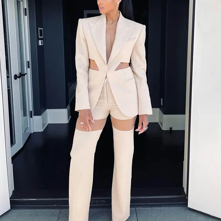 Custom Women Two Piece Pants Cut Out Business Office Lady Suits Sets Design Sexy Hollow Evening Fashion Blazer Suit