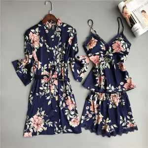 Conjunto de 3 peças de pijama para mulheres, roupa de dormir de seda, de alta qualidade, floral, rosa, conjunto de roupões de cetim