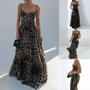 Robes longues élégantes et sexy à imprimé léopard, sans manches, pour femmes, prêtes à être expédiées en gros, MOQ 1, fournisseur de boutique - Product Image 3