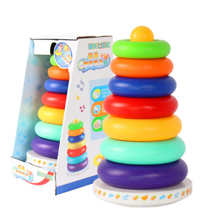 Ensemble de blocs de construction en bois arc-en-ciel à sept anneaux, jouet d'empilage pour enfants, vente en gros - Product Image 1