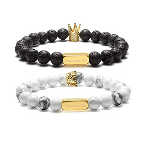 New Fashion Natural Stone Lava Stone Bead Logo personalizzato testo acciaio inossidabile CZ Imperial Crown Beads bracciale elastico per coppie - Product Image 1