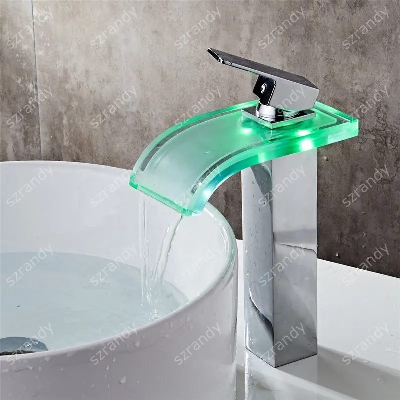Rubinetto dell'acqua a LED a 3 colori sensore di temperatura miscelatore per lavabo da bagno a cascata monocomando a LED alimentato ad acqua