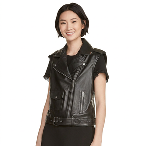 Veste sans manches en cuir véritable noir asymétrique pour femme, style motard, col à revers, ceinture à la taille, streetwear, vêtements d'extérieur tendance - Product Image 3