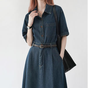 Mode féminine col roulé personnalisé confortable classique marine ensemble de costume en jean décontracté manches courtes haut midi jupes plissées ensemble deux pièces - Product Image 4