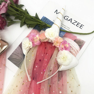 Bandeau en tissu <span class=keywords><strong>licorne</strong></span> Ychon avec crinière en tulle et fleurs, motif arc-en-ciel pour adultes et filles, décorations pour fêtes - Product Image 5