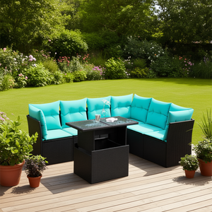 Conjunto de Sofá de Jardín de Ratán Sintético Negro con Cojines, 7 Piezas, Muebles de Exterior de Diseño Contemporáneo para Jardín, Capacidad para 6 Personas - Product Image 2