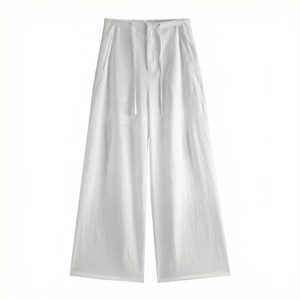 Nachhaltige, umweltfreundliche Leinenmischung, einfarbige Hose mit mittelhohem Bund, Kordelzug, Taschen und weitem Bein für Damen, atmungsaktive Sommer-Arbeitskleidung online - Product Image 2