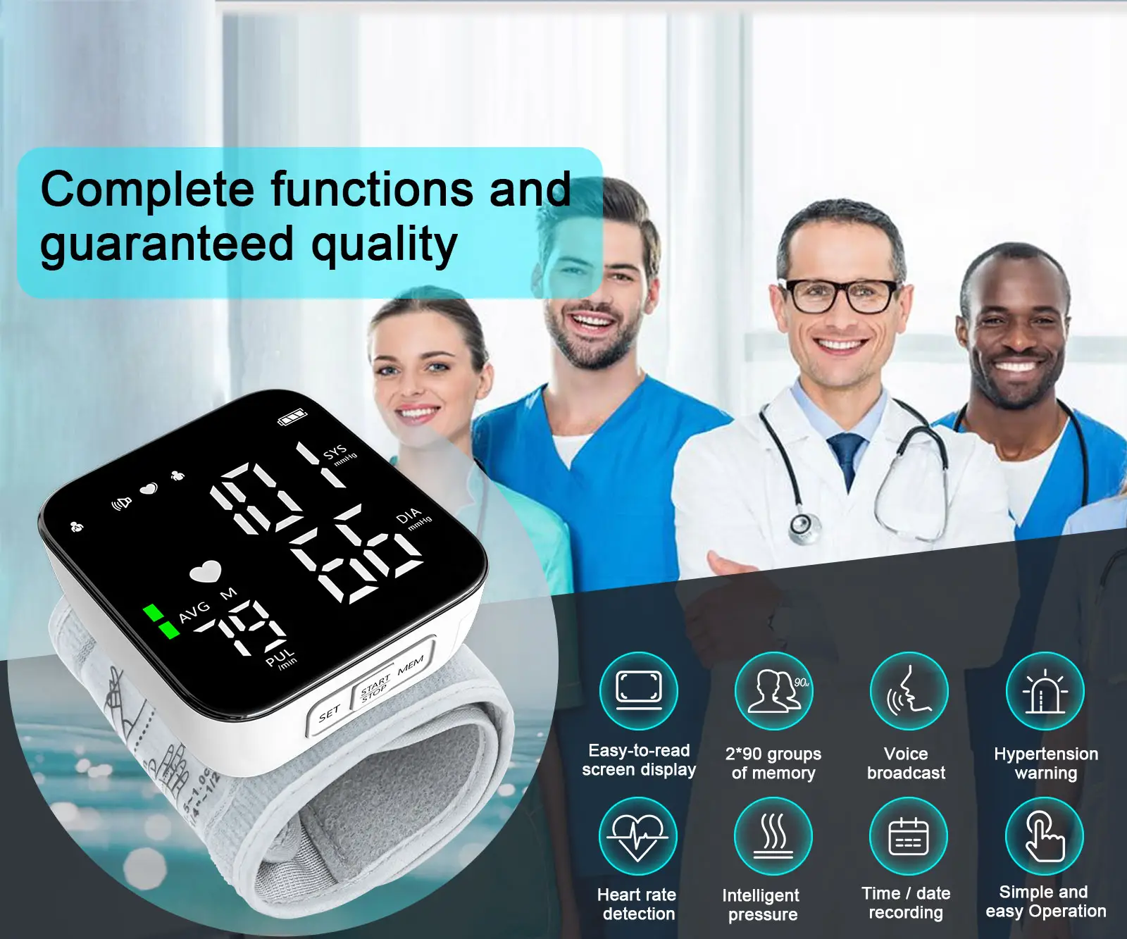 Blood Pressure Monitor Adjustable Wrist Blood Pressure Digital BP Machine 2x99 Readings Voice Broadcast Portable for Home Use