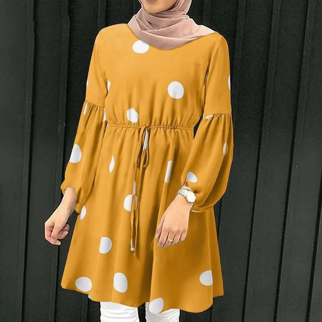 2023 Spring/Summer New Casual Fashion Versatile Women's Round Neck Shirt Bohemian Muslim Polka Dot Print Top