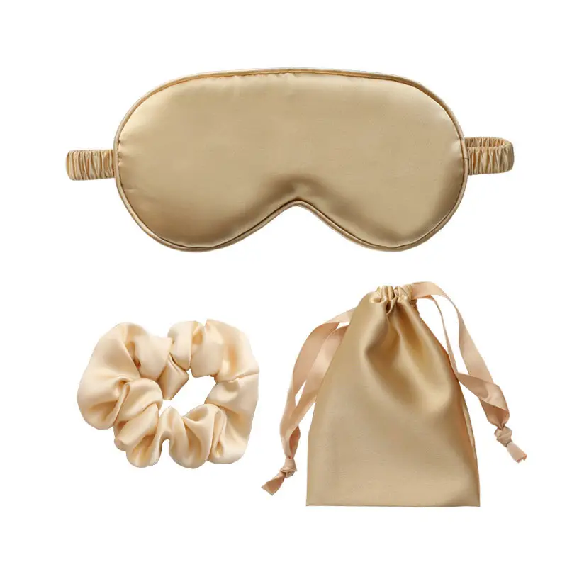 Set Masker Mata perjalanan udara Satin 3 buah dengan tas tali dan ikat rambut Scrunchie
