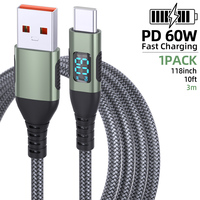 Cable de Carga USB a USB C con Pantalla LED Digital de 1m 2m 3m, Cable de Datos PD de 60W, Accesorios para Teléfono, Venta al Por Mayor