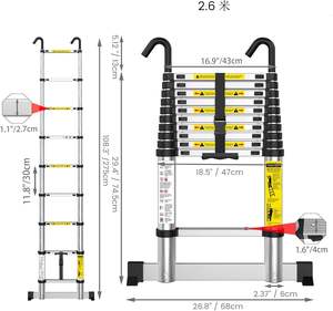 Échelle télescopique droite en aluminium à extension simple côté, antidérapante, EN131, 2,6 m, 3,2 m, 3,8 m, avec crochet - Product Image 1