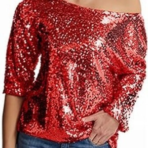 Women's Off Shoulder <b>Sequined</b> Blouse Gold Black Pink Burgundy Silver Polyester Party Shirt Loose Fit One Shoulder <b>Top</b> - Product Image 4