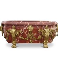Baignoire autoportante rectangulaire en marbre rouge-brun avec pieds en griffes de lion et masque de lion doré pour villa et hôtel
