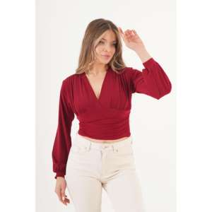 Chemisier bordeaux brodé pour femme, col en V, drapé à la poitrine, disponible en taille XL, idéal pour le bureau, en soie tricotée vintage, automne-printemps - Product Image 2