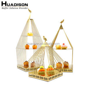Huadison büfe ekipmanları kek ekran standları ayakta kuş kafesi şekli büfe meyve 2/3 katlı demir toptan altın kek standı - Product Image 2