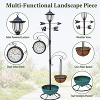 Support de pot de fleurs solaire avec horloge extérieure, aiguille à vent, panier en fibre de coco et cadre en fer recourbé thermolaqué – Décoration de jardin quotidienne