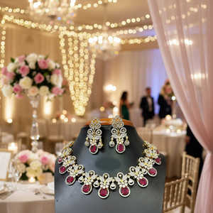 Conjunto de collar de diamantes americano chapado en oro de diseñador, collar de diamantes rosa oscuro, joyería elegante para mujer, perfecta para fiesta de boda - Product Image 3
