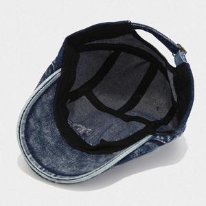 Distressed Denim Beret Hat Washed Fashion Jean Fabric Letter Design <b>Flat</b> Top Ivy Hat - Product Image 5