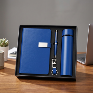 Set de Regalo Ejecutivo de Cuero PU Azul con Libreta, Bolígrafo, Llavero y Termo - Product Image 4