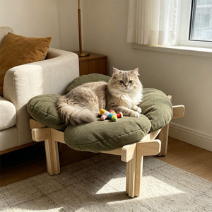 Wooden Cat <b>Bed</b> Sofa Oval Removable Washable Corduroy Pet Resting <b>Bed</b> For Cats Small Pet Nest - Product Image 3