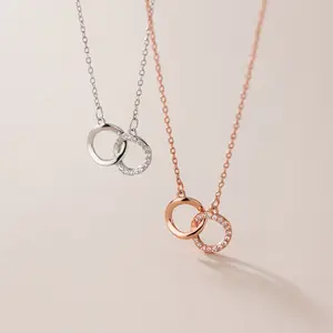 925 Sterling Silver Interlocking Round Circle Pendant Necklace Rose Gold Plated Chain CZ Necklaces Jewelry for Women