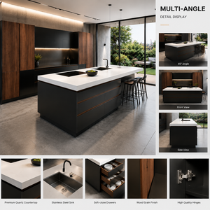 <span class=keywords><strong>Cucina</strong></span> Modulare Moderna Personalizzata con Ampia Capacità di Stoccaggio, Top in Quarzo, Design Nero Senza Maniglie - Product Image 2
