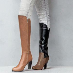 Solid Ankle Buckle Pointed <b>Toe</b> Side Zip <b>Women</b> Knee High <b>Boots</b> Chunky Heel PU Upper Anti-Slippery Short Fur Winter Autumn Spring - Product Image 3