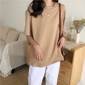 Maglietta oversize in cotone maglietta tinta unita da donna maglietta allentata Casual a 7 colori magliette femminili con scollo a O coreano - Product Image 6
