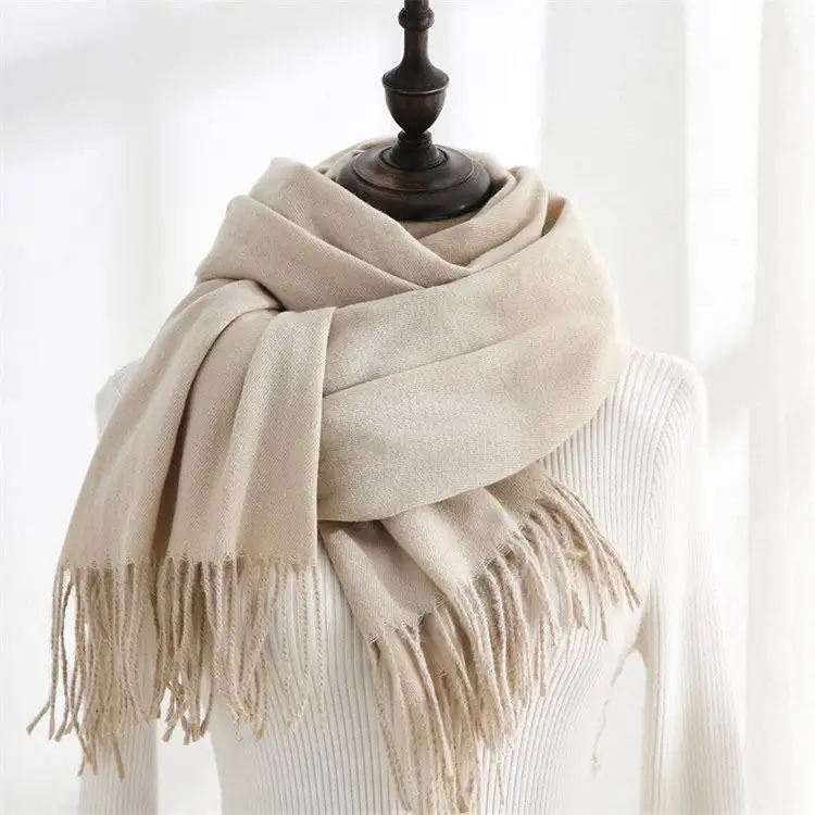 Pashmina Scarves Shawls Winter Scarfs Lady Stylish Tassel Cashmere Scarf Fashion for Women Soft Warm Pure Color Adult Polyester