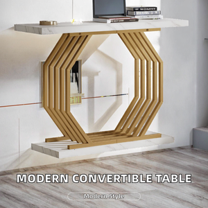 Meuble de salon LINEA, console d'entrée convertible moderne, cadre en métal doré, plateau en faux marbre pour la maison - Product Image 2