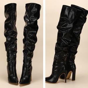 Wrinkle Fashion Leather Knee High White Color Women's Boots with Heels - Product Image 5