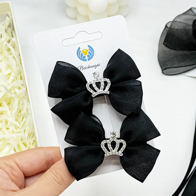 2 PCS Handmade Organza Bows Diamond Crown Buttons Boutique Head Hair Clips For Baby Kids Girls Hair Accessories