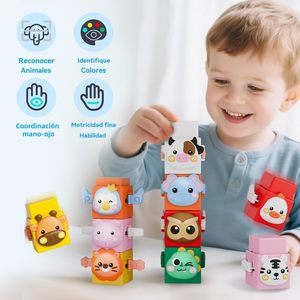 Blocs d'empilage Montessori en <span class=keywords><strong>bois</strong></span> HNSMART pour les enfants de 2 à 4 ans - Cubes en forme d'animaux - Trou de correspondance - Empilage par pression - Motricité fine - Product Image 1