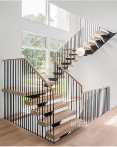 현대 단청 스트링거 열려있는 라이저 철 방책 디자인을 가진 강철 목제 똑바른 계단 집 계단