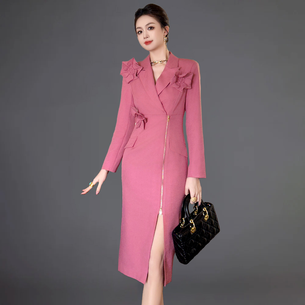 ZYHT 50799 Floral Decoration Zipper Long Sleeve Midi Women Uniform Style Elegant Work Official Dresses for Ladies Office Dress