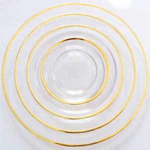 <span class=keywords><strong>Assiettes</strong></span> de présentation <span class=keywords><strong>en</strong></span> <span class=keywords><strong>verre</strong></span> <span class=keywords><strong>transparent</strong></span> de 13 pouces pour décoration de mariage, vaisselle de restaurant, avec bordure dorée et noire - Product Image 1