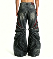 SOONREE Jeans à patchs tête de mort pour hommes, coupe évasée style rockstar, en denim noir, avec chaînes multiples, style gothique punk streetwear, vente en gros