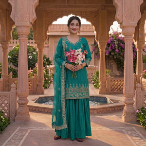 Conjunto de Salwar Kameez Verde Bordado para Mujer, Traje Tradicional Indio para Bodas, Largo hasta el Suelo, de Seda, Listo para Usar - Product Image 1