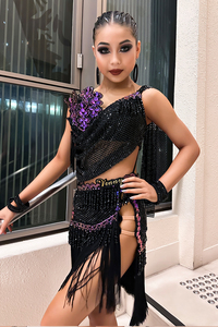 Robe <span class=keywords><strong>de</strong></span> compétition <span class=keywords><strong>de</strong></span> danse latine VENNY avec jupe à franges en diamant, robe professionnelle pour examen <span class=keywords><strong>artistique</strong></span>, sur mesure en spandex/coton - Product Image 4