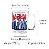 Mug en verre borosilicate 16oz/500ml avec poignée, motif personnalisé, logo, double paroi, sans BPA, emballage cadeau en gros pour café et thé