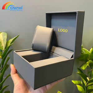 Estuche para reloj de cuero PU gris, a prueba de polvo, con logo personalizado, estuche de regalo para reloj de hombre, estuche rectangular para reloj. - Product Image 1