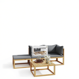 Ensemble de salon de jardin en bois d'acacia gris foncé 4 places, mobilier d'extérieur contemporain résistant aux intempéries - Product Image 1