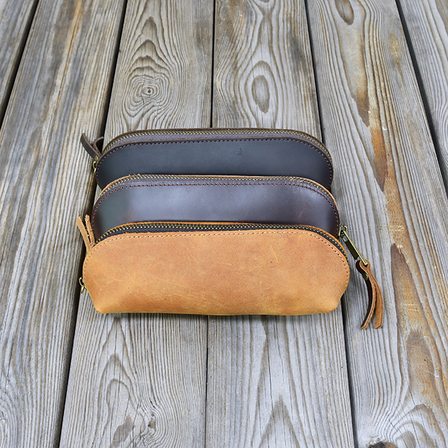 Handmade Crazy Horse Skin Cowhide Leather Pen Bag Retro Style Luxury Protective Case with Creative Logo