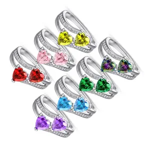 Sterling Silver S925 Double Love heart Colorful Diamond Ruby Women's Ring Hot Selling Silver Jewelry Factory Wholesale