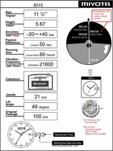 Pièces de mouvement de montre mécanique automatique Miyota 8315 d'origine japonaise - Fabricants de montres de luxe OEM ODM personnalisées - Product Image 4