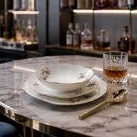 Service de table en porcelaine fine à bord doré de 50 pièces pour mariage et dessert de banquet - Vaisselle de luxe pour la maison et l'hôtellerie