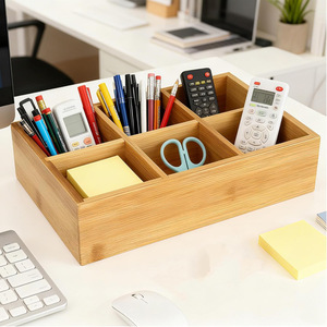 Organisateur de bureau en bambou rectangulaire 18L, boîte de rangement de bureau avec compartiments pour stylos, crayons, ciseaux, calculatrice, télécommande - Product Image 1