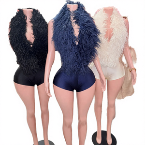 2025 Summer Women's <b>Sexy</b> Solid Knitted Feathers Spandex/Polyester Halter Deep V Backless Skinny <b>Playsuits</b> Holiday Midnight Club - Product Image 4