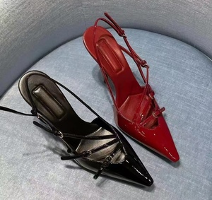 Chaussures à talons hauts à bout pointu en cuir laqué français, chaussures de mariage à talons fins et sandales à talon ouvert, chaussures élégantes - Product Image 6
